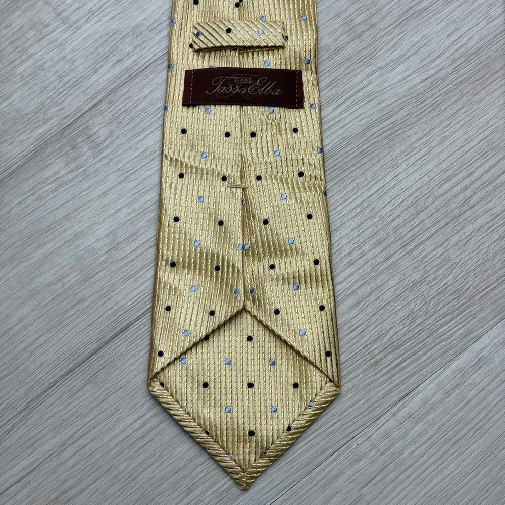 Tasso Elba Mens Gold  Blue Polka Dot Silk NeckTie‎ Handmade Formal Attire